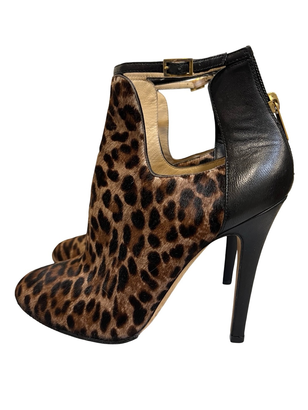 Jimmy Choo Leopard Print Cutout Ankle Boot with Black Leather Trim 37 6.5
